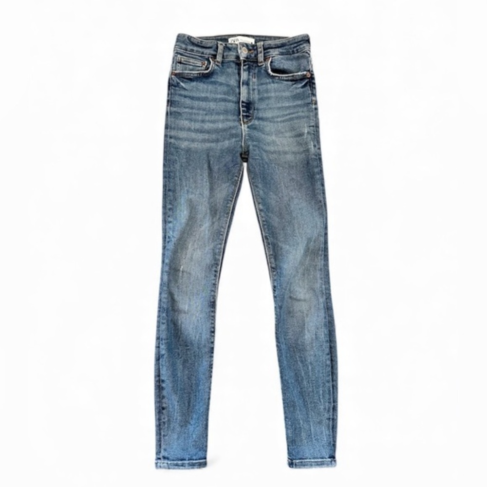 Zara 2 skinny high rise blue jeans denim mid wash whisker boho retro y2k
